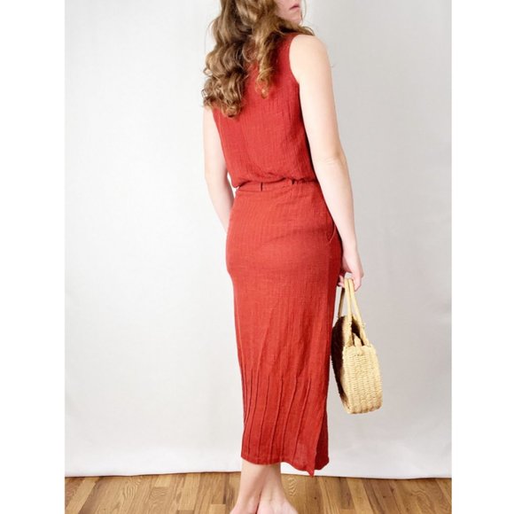 Vintage Linen Matching Skirt Set Midi Maxi Tank Top Tunic Blouse Pleats Bohemian - Picture 3 of 6